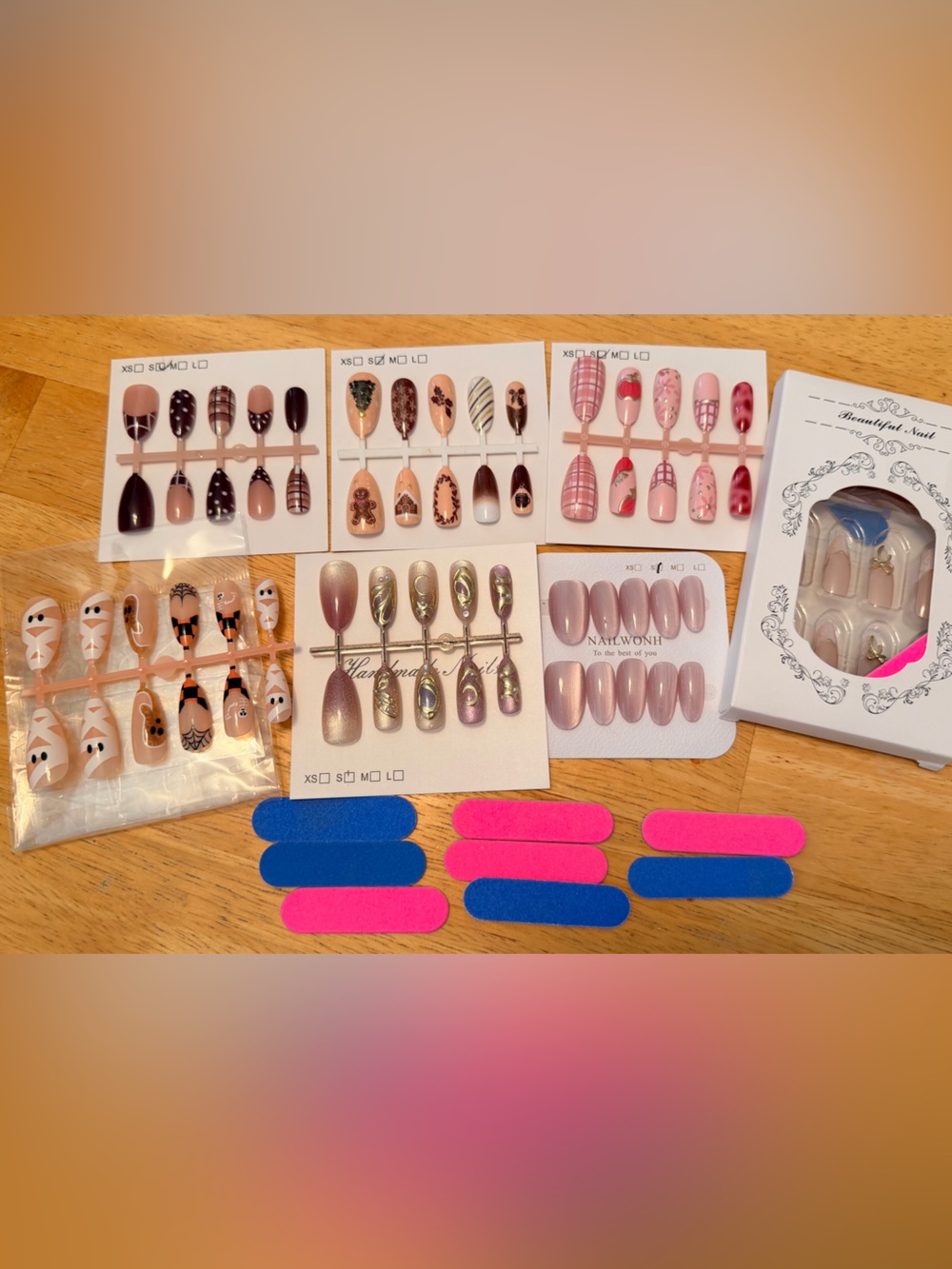 Pressed On Nails lot x7 - handmade designs includes glue tabs and files Sz S